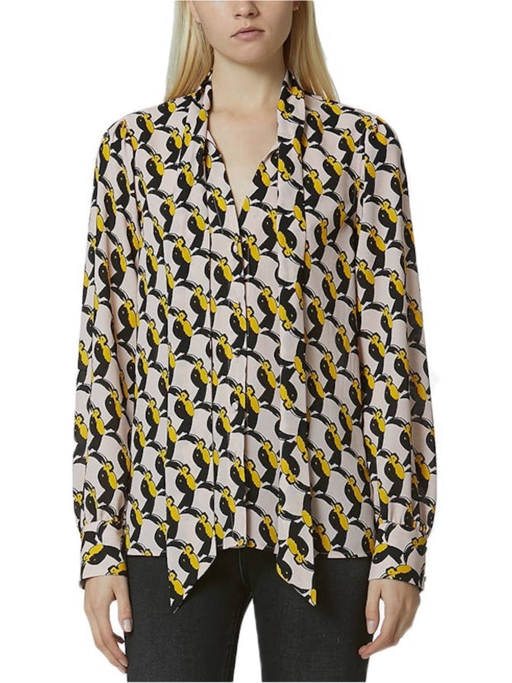 Avec Les Filles Pink Toucan Bird Print Tie-Neck Bow Blouse - Long Sleeve size XS